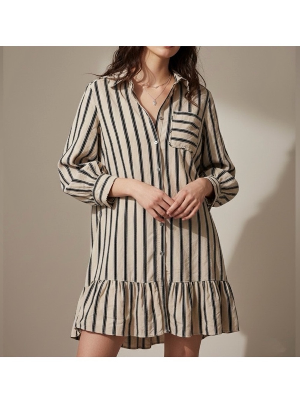 Cinq A Sept Arlette stripe ruffle mini shirt dress size 14 tan black